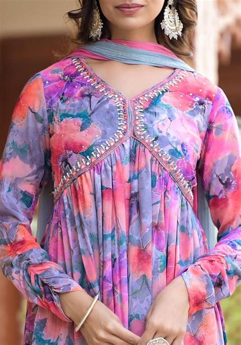 Varanga Multi Color Floral Printed Mirror Embroidered Alia-Cut A-Line ...