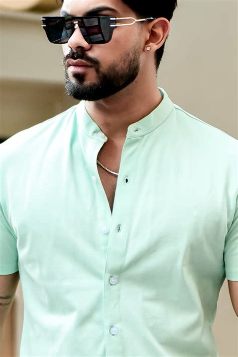 Light Green Mandarin Collar Knitted Shirt – Gritstones