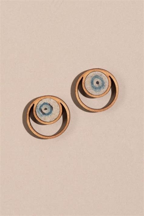 Whe Blue Beige Ajrakh Fabric And Repurposed Wood Stud Earrings – Okhaistore