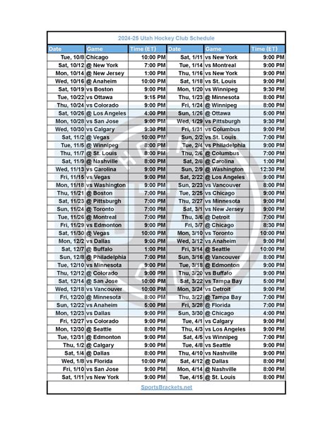 2024-25 Utah Hockey Club Schedule; Printable, PDF Format - Sports Brackets