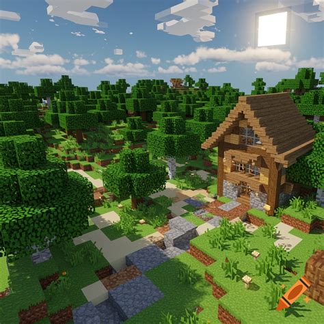 A blocky, pixelated Minecraft-style house with a wooden deck and steps ...