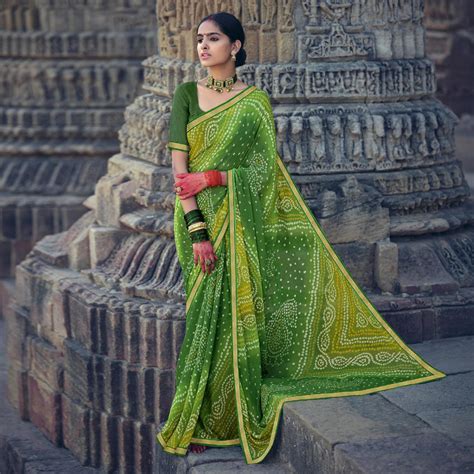 Green Bandhani Printed With Fancy Border Chiffon Saree