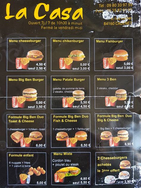 Menu at La Casa restaurant, Cadenet