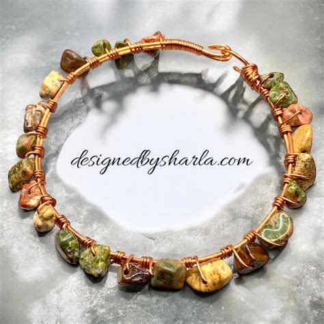 Earthy Green/brown/auburn Stone Chips Wire Wrapped Copper Clasp Bracelet, Copper Bracelet, Boho ...