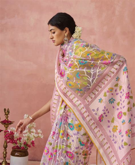Pink Soft Brasso Organza Saree with Floral Print and Piping Work ...