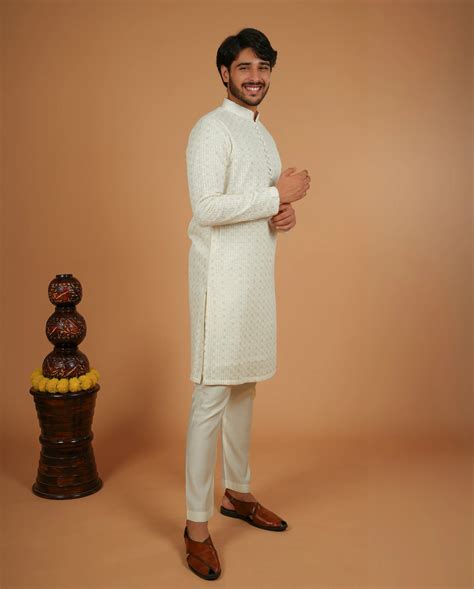 Elegant White Embroidered Kurta with Potli Buttons for Men – SHUBH HO
