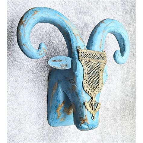Brass Accessorized Wooden Ram Head ( Blue distress) — Khojcrafts