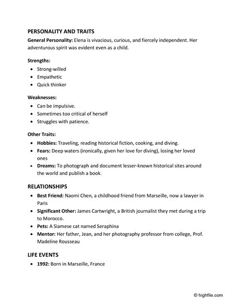 Character Biography Template - Word | Google Docs - Highfile.com
