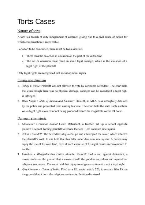 Torts Cases - Torts Cases Nature of torts A tort is a breach of duty ...