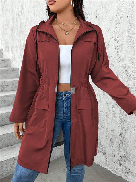 SHEIN LUNE Plus Size Women Solid Color Casual Cinched Waist Hooded ...