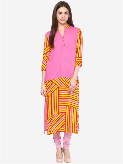 Women's Printed Pink and Yellow Kurti – Stylestone