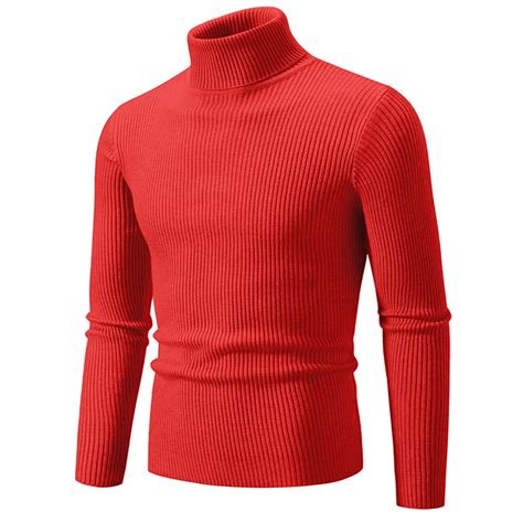 Cosfo Solid Men Sweaters Casual Red Long Sleeve Ribbed Knit Turtleneck ...