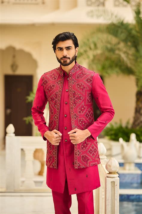 Buy Magenta Color Embroidery Long Jacket Kurta for Men | Cityvibes