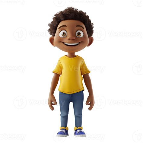 Bright and Smiling Young Boy in 3D Render Light Black, Brown Skin, Yellow T-Shirt, Blue Jeans ...