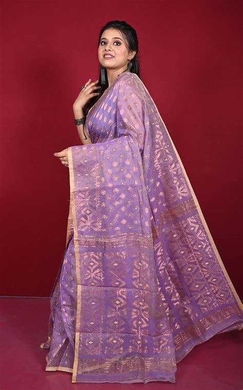 Soft Zari Brocade Dhakai Jamdani Saree in Dusty Lavender, Beige and Co ...