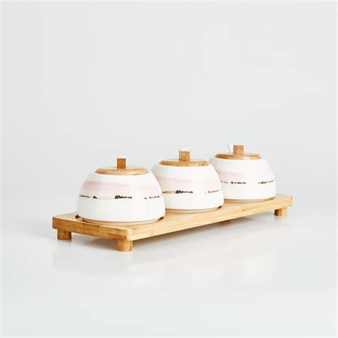 Buy Showstopper Set of 3 Porcelain Condiment Jars with Tray - 210ml ...