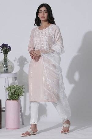 Buy Light Pink Embroidered Cotton Lurex Kurta, Pants With Dupatta Set ...