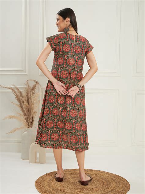 Green Red Mughal Kalamkari A Line Dress