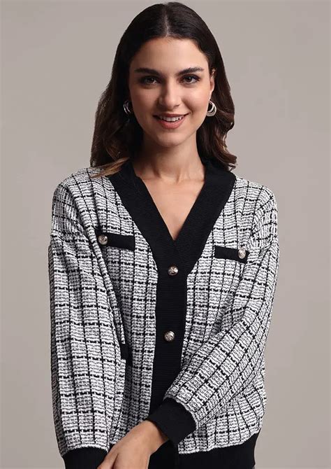Black And White Check Design Woolen Cardigan - IKI CHIC