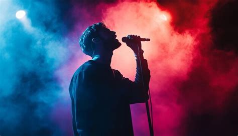 Male singer with singing song at a live concert with huje odience ...
