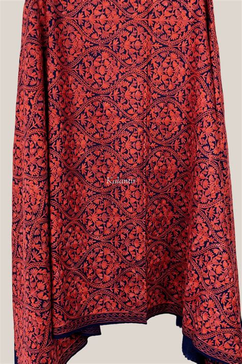 Kashmiri Aari Embroidered Blue & Red Colored Woollen Shawl with Matka ...