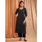 Black Hand Block Printed Cotton Suit- Set of 3