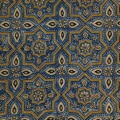 Pure Cotton Ajrak Blue And Green Mustard All Over Star Tiles Hand Bloc ...