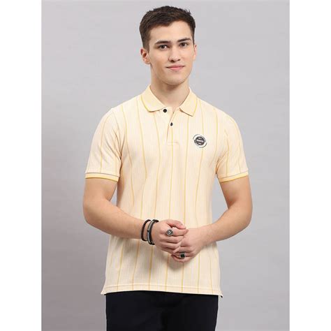 Buy Monte Carlo Men Yellow Striped Collared Neck Half Sleeve Polo T ...