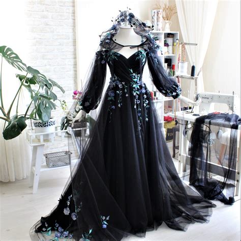Black Wedding Dress, Long Sleeve, Floral Wedding Dress, Alternative Bridal Dress, Custom Black ...