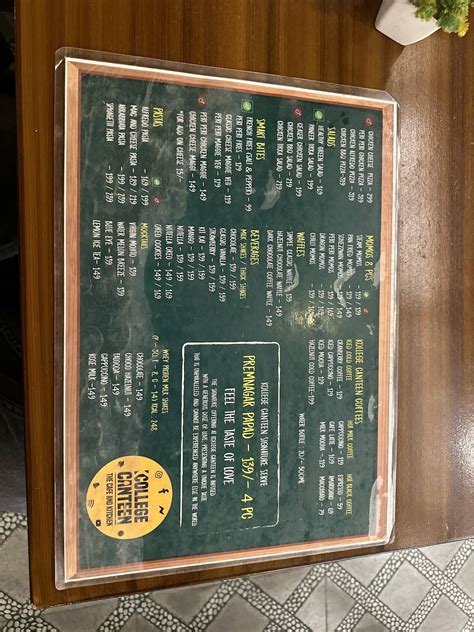 Menu at Kollege canteen, Hyderabad