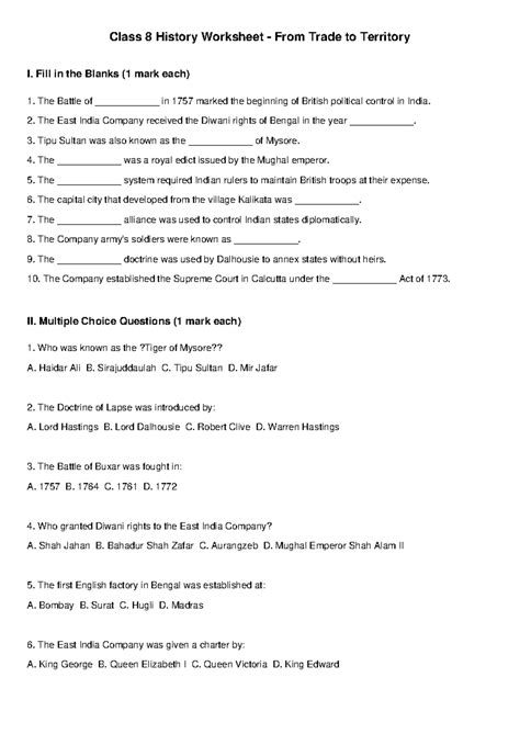 Class 8 History Worksheet: From Trade to Territory Review - Studocu