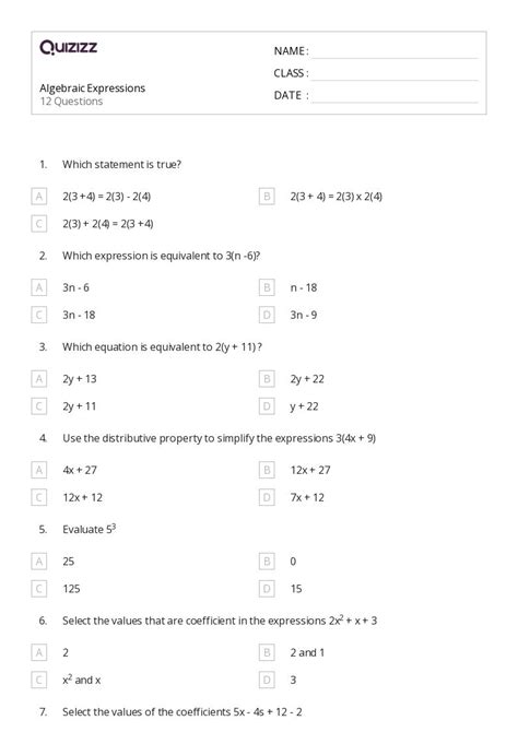 Image result for Algebraic Expression Worksheet 7th Grade