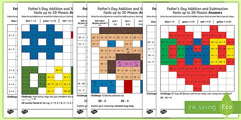 KS1 Father's Day Addition and Subtraction Facts up to 20 Maths Mosaic