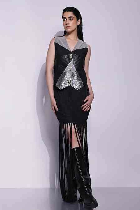 Buy Black Crushed Crepe Satin Texture Fringed Skirt For Women by Devina ...