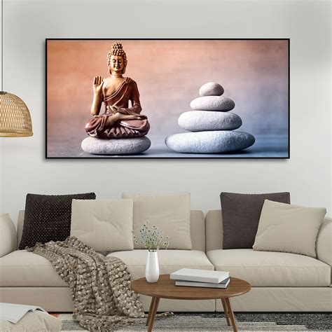 Meditating Buddha is Sitting with Balance Stones Canvas Wall Painting ...
