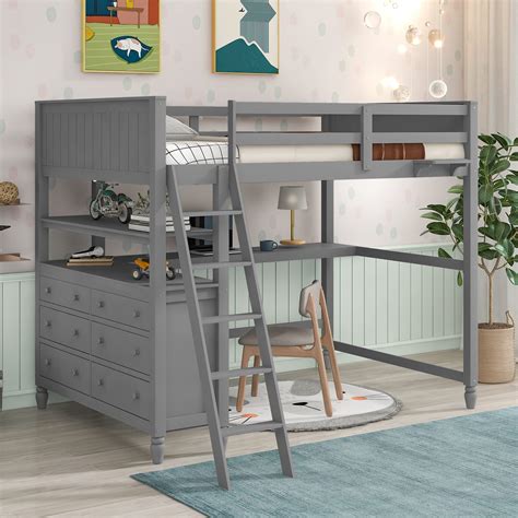 Buy Full Loft Bed with Desk, Wooden Loft Bed with Storage Drawers and ...