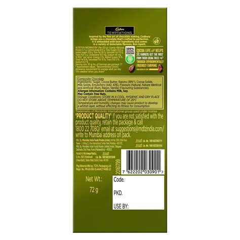 Buy Cadbury Temptations Rum & Raisins Premium Chocolate Bar, 72 gm | 19 ...