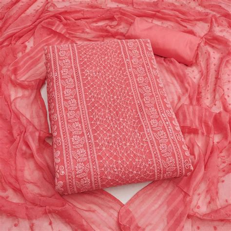 Elegant Coral Pink Floral Embroidered Georgette Dress Material With De