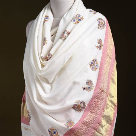 White Kutch Ahir Hand Embroidery Mirror Work Woollen Shawl