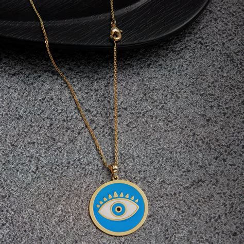 Gold Plated Round Shaped Blue Enamel Evil Eye Protect Lucky Necklace ...