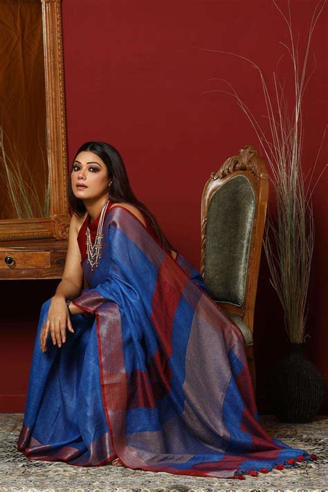 Cobalt Blue Pure Linen Handloom Saree With Zari Border – Six Yard Story