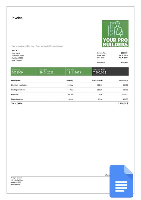 Free Construction Invoice Templates in Google Docs | Billdu