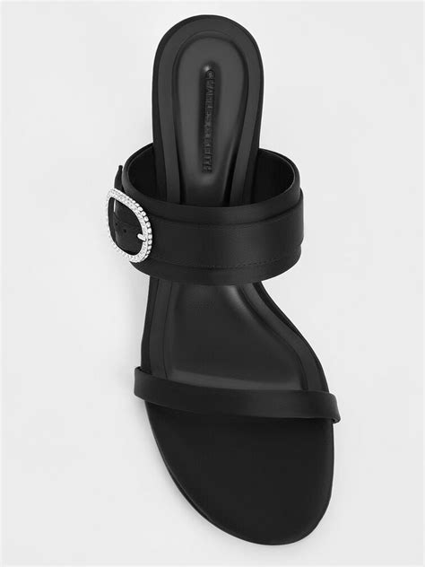 Black Recycled Polyester Crystal-Buckle Block-Heel Mules - CHARLES ...