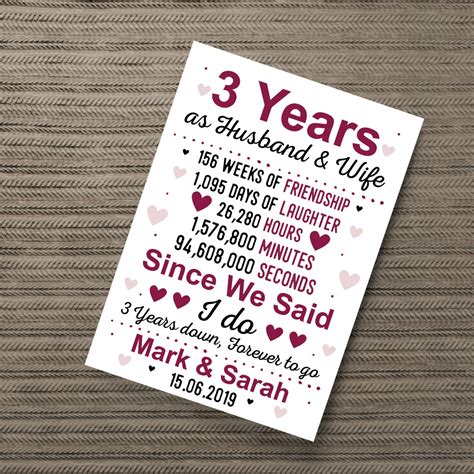 3rd Wedding Anniversary Gift Husband Wife Personalised Gift