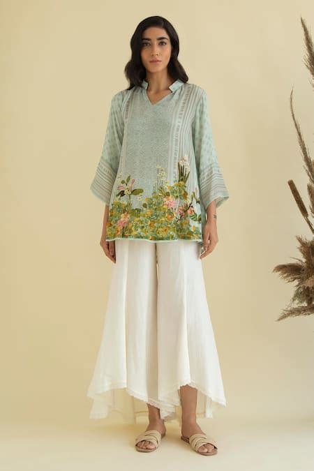 Buy Beige Crepe, Mandarin Floral Print Kurta And Flared Pant Set For ...