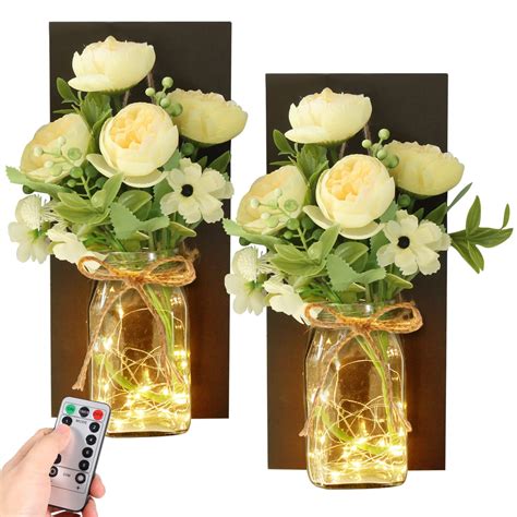 TIED RIBBONS 2 Pcs Wall Sconces with Glass Jar Vase and Artificial ...