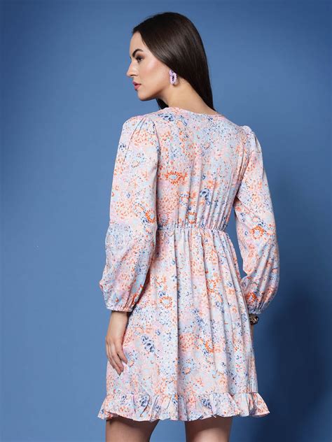 Pink Floral Printed Tie-Up Neck Puff Sleeve Fit Flare Mini Dress – CINK