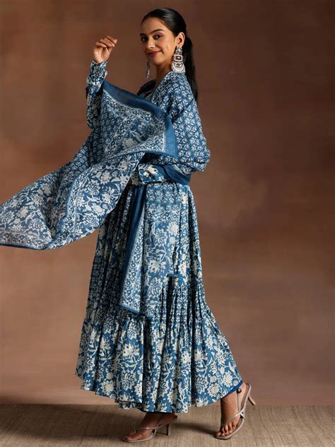 Buy Blue Printed Cotton A-Line Kurta With Trousers & Dupatta Online at ...