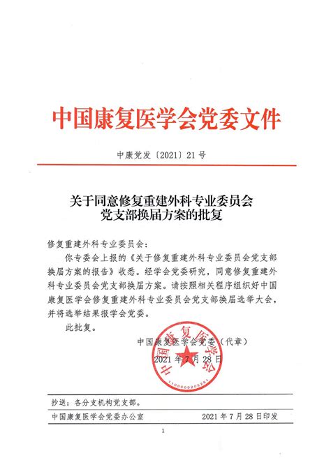 关于同意修复重建外科专业委员会党支部换届方案的批复 - 中国康复医学会