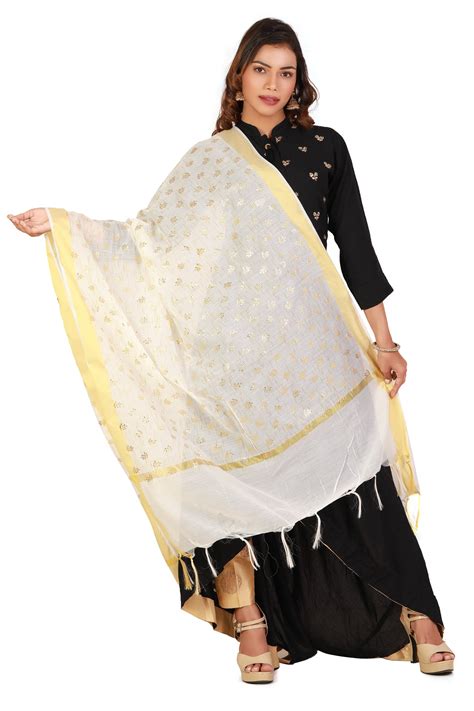 White Dupatta With Golden Border Online With Printed Gold Foil Work ...